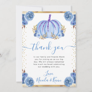 Tarjeta De Agradecimiento Boda de otoño con calabaza floral azul y dorada