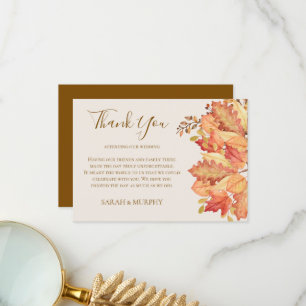 Tarjeta De Agradecimiento Boda de Otoño con Hojas de Acuarela Elegantes