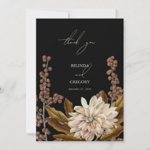Tarjeta De Agradecimiento Boda de otoño de color negro floral de acuarela