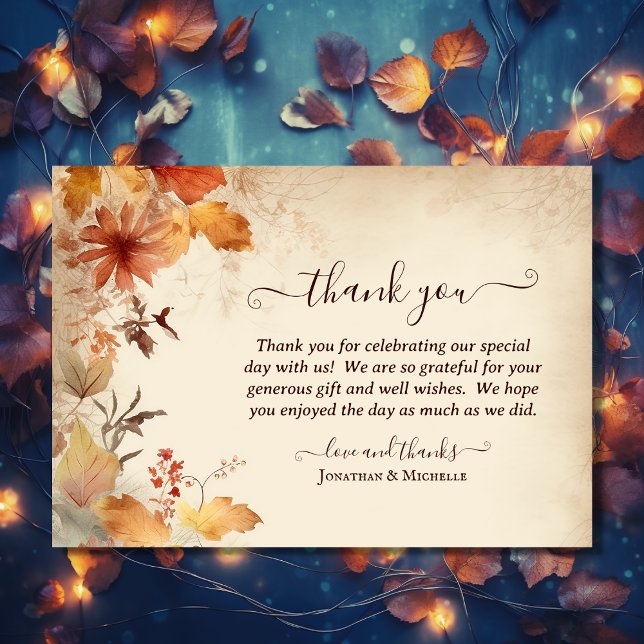 Tarjeta De Agradecimiento Boda de Otoño de Flor de Hoja Hermosa (Front - Beautiful Autumn Leaf Flower Fall Wedding Thank You Card)