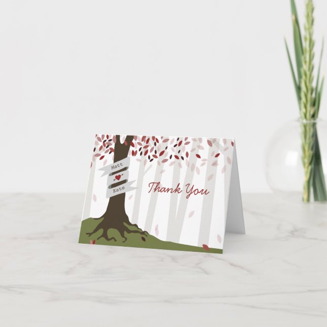 Tarjeta De Agradecimiento Boda de otoño de Red Woodland Gracias (Anverso)