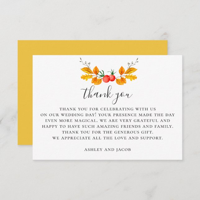 Tarjeta De Agradecimiento Boda de otoño en bosque con acuarela. Botánico oto (Anverso / Reverso)