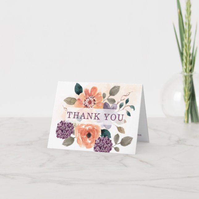 Tarjeta De Agradecimiento Boda de otoño floral morado y naranja (Anverso)