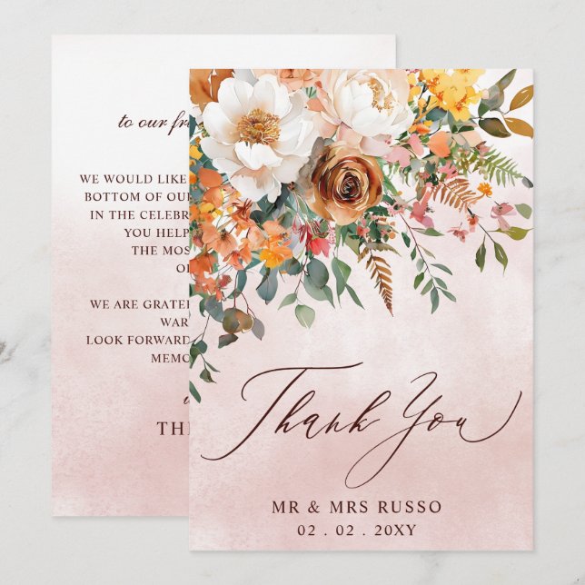 Tarjeta De Agradecimiento Boda de otoño floral naranja rústica (Anverso / Reverso)