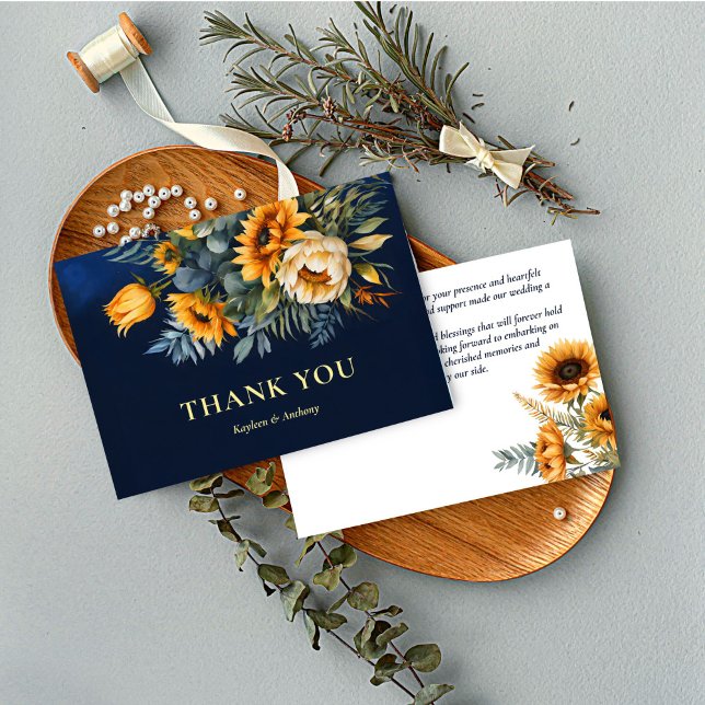 Tarjeta De Agradecimiento Boda de otoño girasol rústico azul marino (Fall wedding navy blue rustic sunflower thank you cards floral yellow blue thank you cards)