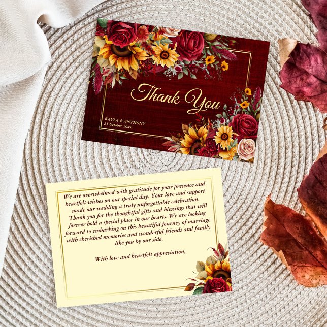 Tarjeta De Agradecimiento Boda de otoño rosas burdeos girasoles amarillos (Fall rustic cottage-core wedding burgundy roses yellow sunflowers thank you card)