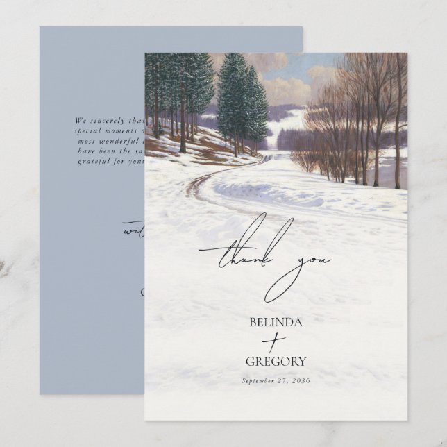 Tarjeta De Agradecimiento Boda de paisaje de nieve de invierno acuarela (Anverso / Reverso)