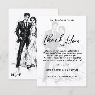 Tarjeta De Agradecimiento Boda de Pareja Boceto de Carbón de Moda Moderna