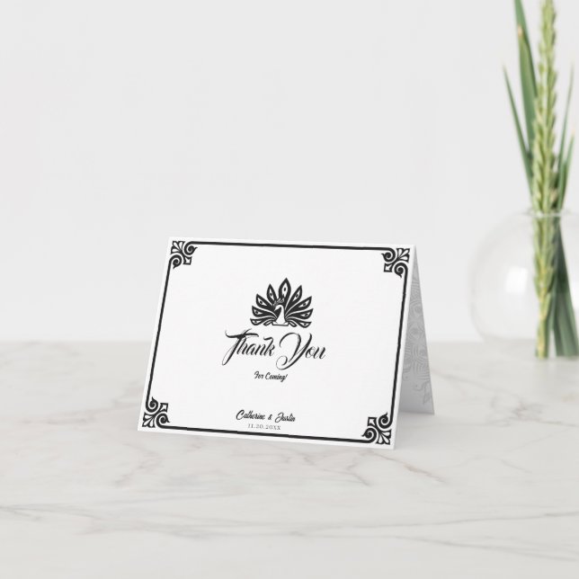 Tarjeta De Agradecimiento Boda de pavo real blanco plegado en Art Deco moder (Anverso)