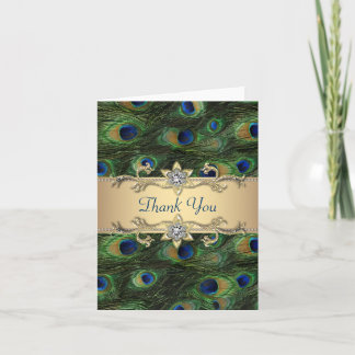 Tarjeta De Agradecimiento Boda de pavo real dorado verde esmeralda real indi