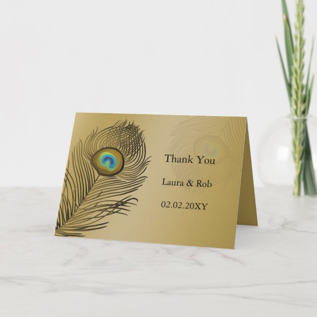 Tarjeta De Agradecimiento boda de pavo real oro Gracias (Anverso)
