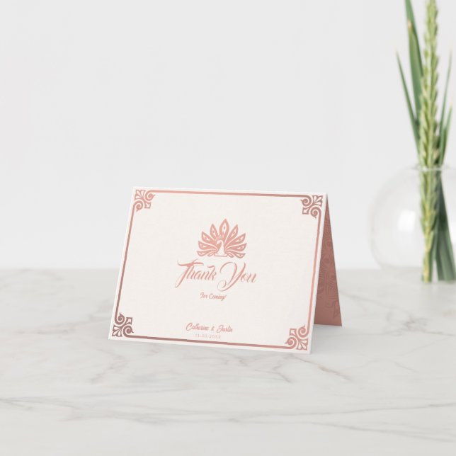 Tarjeta De Agradecimiento Boda de pavo real rosado de Art Deco moderno dobla (Anverso)