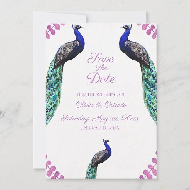 Tarjeta De Agradecimiento Boda de pavo real salva la fecha (Anverso)