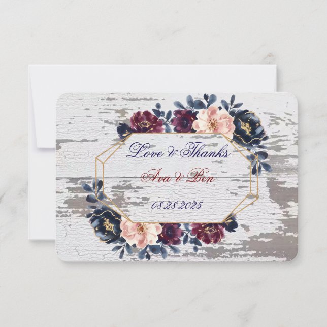 Tarjeta De Agradecimiento Boda de pelos rosados de la Marina Borgoña Rubor (Anverso)