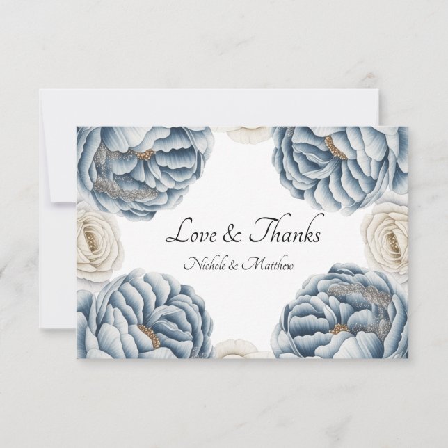 Tarjeta De Agradecimiento Boda de peonía blanca y azul polvoriento (Anverso)