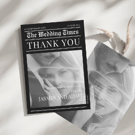 Tarjeta De Agradecimiento Boda de periódico en blanco y negro moderno