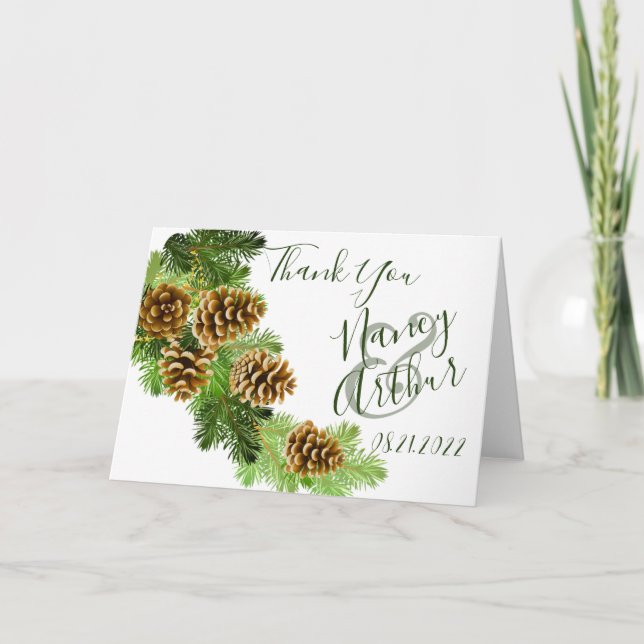 Tarjeta De Agradecimiento Boda de piñones y pinos de invierno (Anverso)