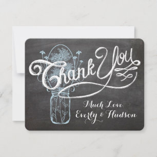 Tarjeta De Agradecimiento Boda de Pizarra en Tarro de Mason Azul Rústico