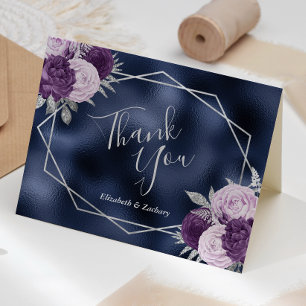 Tarjeta De Agradecimiento Boda de plata floral lila azul marino lámina