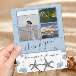 Tarjeta De Agradecimiento Boda de Playa Azul Gris Starfish