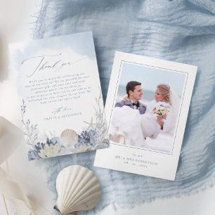 Tarjeta De Agradecimiento Boda de Playa Boho Azul Acuarela Conchas Foto
