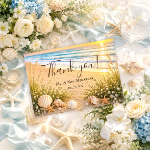 Tarjeta De Agradecimiento Boda de Playa con Elegantes Olas del Océano Azul T