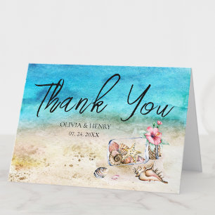 Tarjeta De Agradecimiento Boda de Playa con Estrella de Mar y Conchas al Agu
