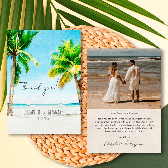 Tarjeta De Agradecimiento Boda de playa de fotos de destino tropical retro (Subido por el creador)