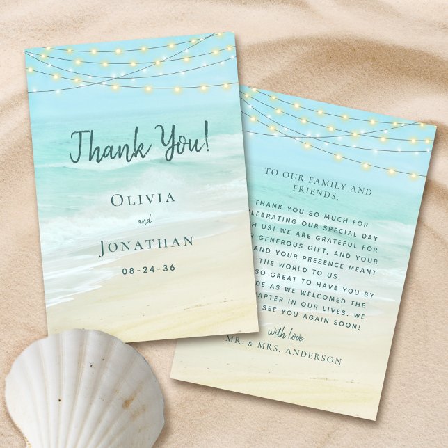Tarjeta De Agradecimiento Boda de playa de Ocean String Lights (Subido por el creador)