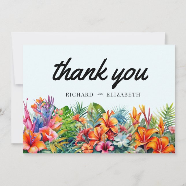 Tarjeta De Agradecimiento Boda de Playa Floral de hojas tropicales (Anverso)