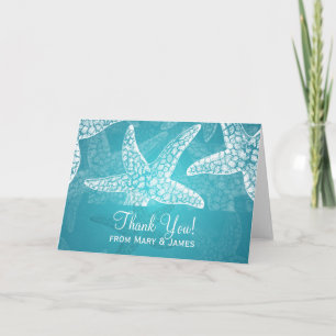 Tarjeta De Agradecimiento Boda de playa "Gracias" Starfish Blue