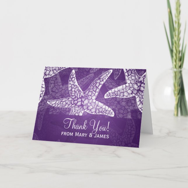 Tarjeta De Agradecimiento Boda de playa "Gracias" Starfish Purple (Anverso)