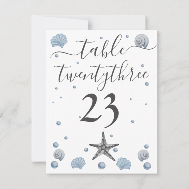 Tarjeta De Agradecimiento Boda de Playa Gray Starfish Blue Shells (Anverso)