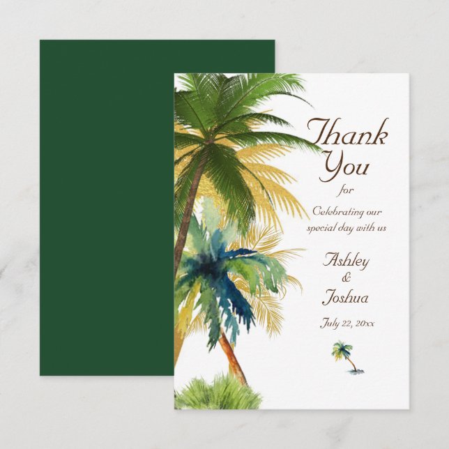 Tarjeta De Agradecimiento Boda de Playa Palm Tree (Anverso / Reverso)