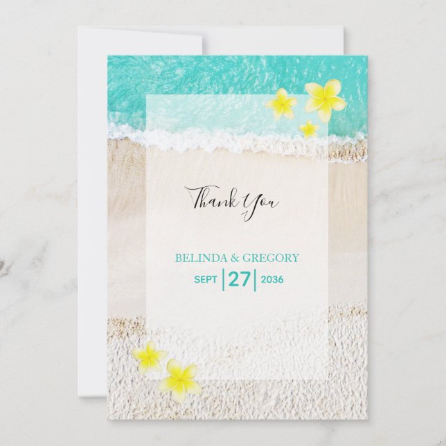 Tarjeta De Agradecimiento Boda de playa tropical de Plumeria Frangipani Amar (Anverso)