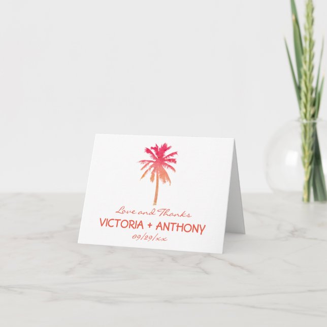 Tarjeta De Agradecimiento Boda de Playa Tropical Palm Tree (Anverso)
