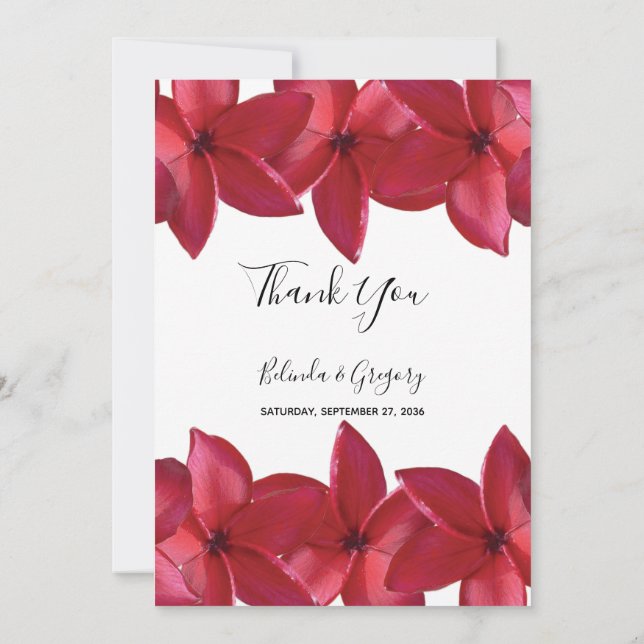 Tarjeta De Agradecimiento Boda de Plumeria Roja Frangipani (Reverso)