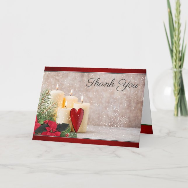 Tarjeta De Agradecimiento Boda de Poinsettia, Velas y Verdor (Anverso)