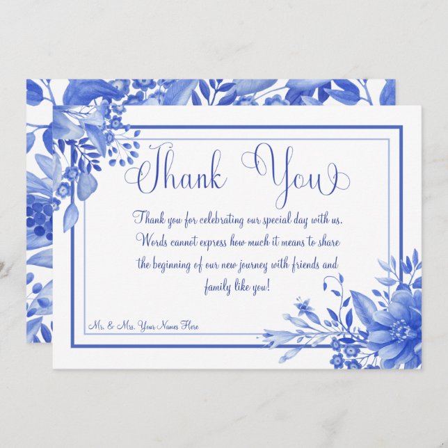 Tarjeta De Agradecimiento Boda de porcelana floral azul y blanca (Anverso / Reverso)