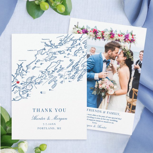 Tarjeta De Agradecimiento Boda de Portland Maine (These Portland Maine map thank you notes feature your wedding photo and personalized message)
