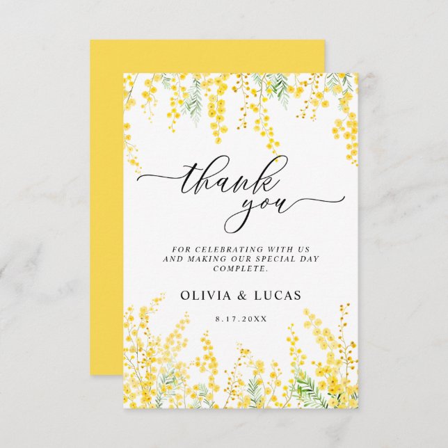 Tarjeta De Agradecimiento Boda de primavera floral dorada mimosa amarilla (Anverso / Reverso)