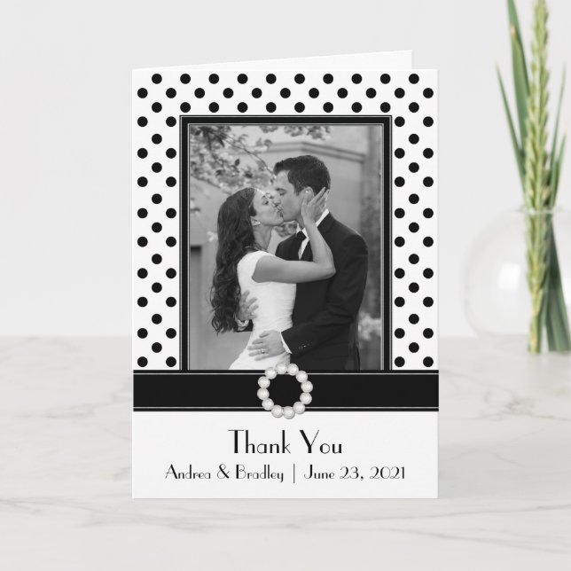 Tarjeta De Agradecimiento Boda de puntos de polka blanco negro, gracias (Anverso)