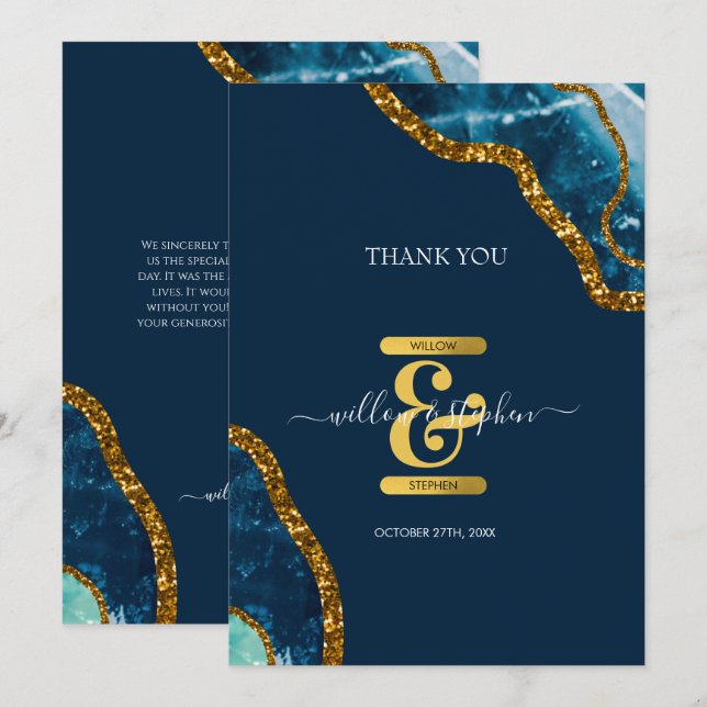 Tarjeta De Agradecimiento Boda de Purpurina de Geode de Blue & Gold Agate (Anverso / Reverso)