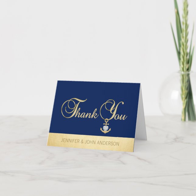 Tarjeta De Agradecimiento Boda de Relieve metalizado dorado azul de la Marin (Anverso)