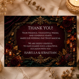 Tarjeta De Agradecimiento Boda de Romance Oscuro Burgundy y Dorado