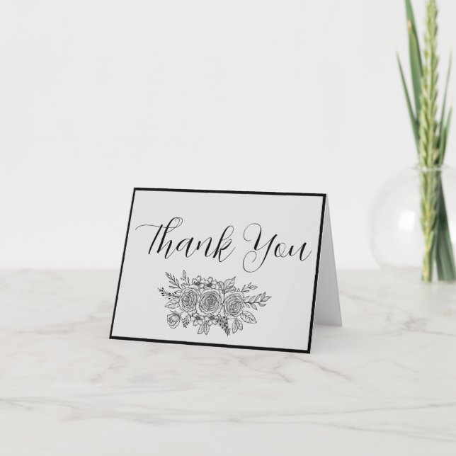 Tarjeta De Agradecimiento Boda de rosa blanco y negro (Anverso)