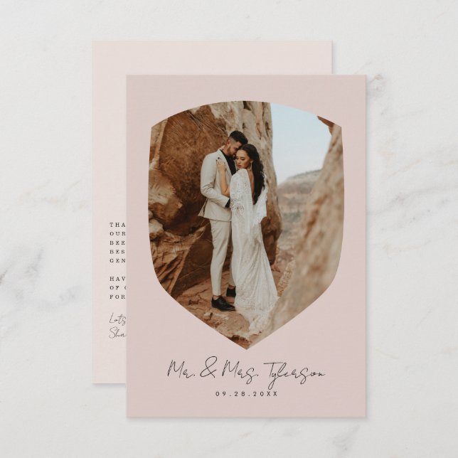 Tarjeta De Agradecimiento Boda de Rosa Foto Enmarcada con Letra a Mano Elega (Anverso / Reverso)