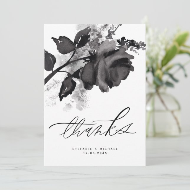 Tarjeta De Agradecimiento Boda de Rosa negro acuarela moderna (Anverso de pie)