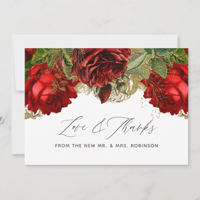 Tarjeta De Agradecimiento Boda de Rosa rojo y oro de Borgoña (Anverso)