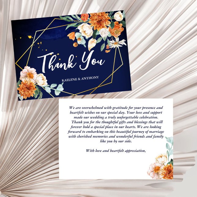 Tarjeta De Agradecimiento Boda de rosas blancas naranja azul de la marina (Navy blue orange white roses gold geometrical frame wedding thank you cards)